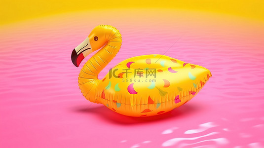 漂浮黄色背景图片_夏季游泳季节，3D 渲染的粉色火烈鸟充气泳池玩具漂浮在黄色背景上
