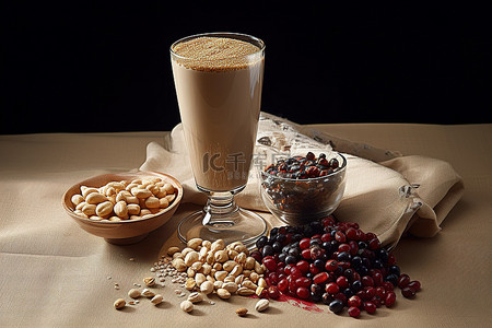 核桃调和油背景图片_食物旁边的玻璃杯，包括糙米燕麦核桃种子