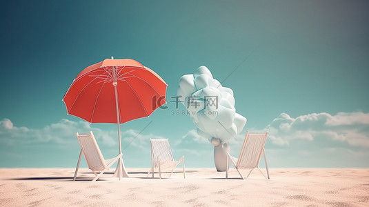 宇宙背景下沙滩椅和雨伞的外太空绿洲 3D 渲染