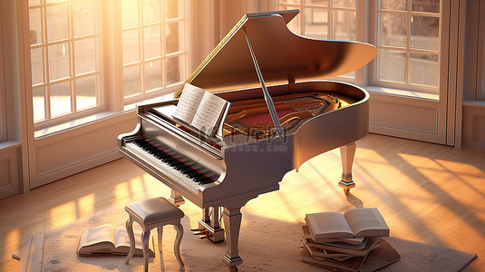 大钢琴背景图片_优雅的大钢琴，配有乐谱，沐浴在窗边的自然光中 3D 插图