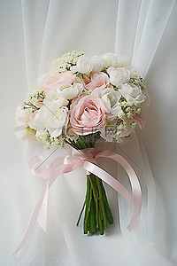 神秘复苏背景图片_一小束白色和粉色的花朵用白色丝带绑在一起
