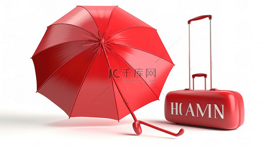 在白色背景中隔离的夏季主题 3d 渲染具有红色文本沙滩伞球和手提箱