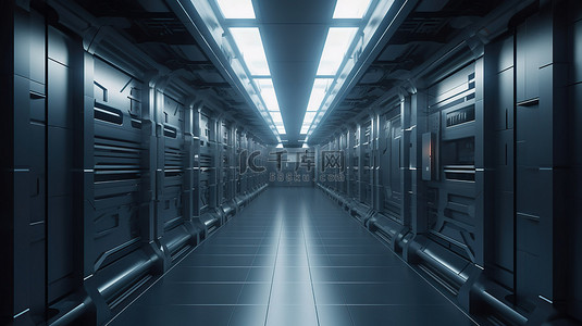 背景科技蓝背景图片_科幻 3D 渲染中的未来太空时代走廊