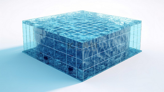 在白色背景上隔离的水立方横截面的 3D 渲染，蓝色太阳能电池板在海洋中产生清洁能源