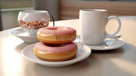 工人有力量背景图片_3D 渲染中的美味咖啡和甜甜圈