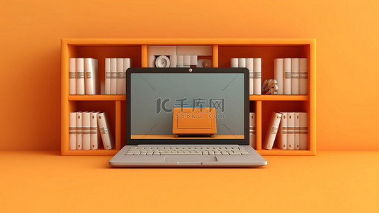 场景办公背景图片_方形背景下橙色架子上显示的笔记本电脑的 3D 插图