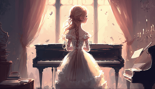 钢琴乐器背景图片_钢琴女孩梦幻唯美背景