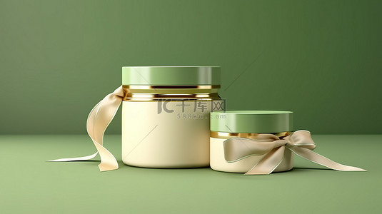 护肤品包装背景图片_绿色背景的 3D 渲染，带有米色丝带罐和奶油管