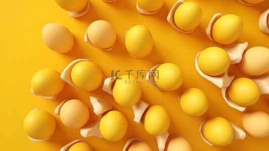 鸡蛋 cellent 显示黄色背景，具有鸡蛋 3d 渲染的高角度视图