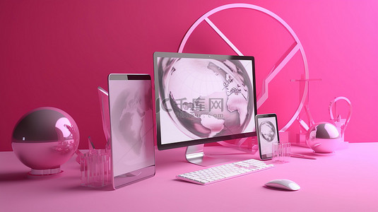 粉红色调背景下 3D 渲染的 Web 浏览器界面