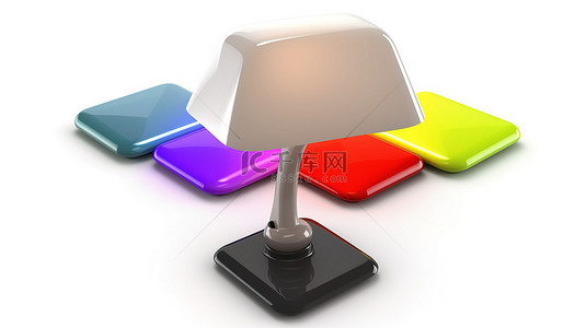 彩色学习桌背景图片_孤立的白色背景，在方形按钮键上带有 3D 渲染风格的彩色台灯图标