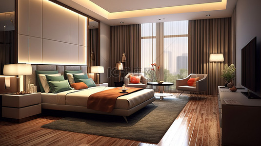 客房欢迎卡背景图片_豪华新酒店客房的 3D 渲染，配有开放空间卧室和休息区