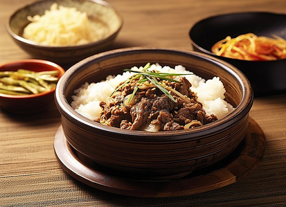 亚洲小碗里盛满米饭和肉的碗