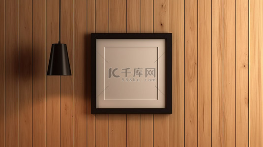 简约的黑色方形相框悬挂在米色墙壁上，配有木板 3D 渲染
