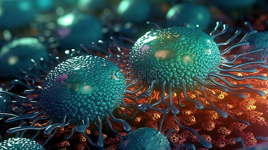 背景上微观世界 3D 渲染的微生物病毒和宝石的特写