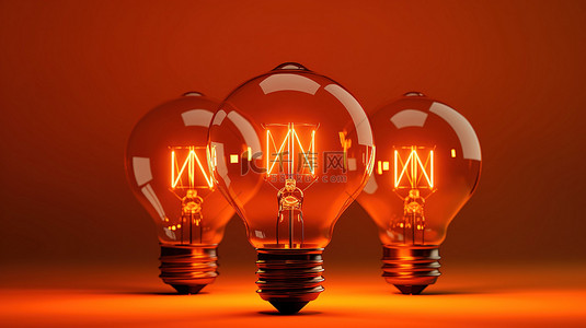 橙色背景上三个灯泡的概念化想法 3d 渲染