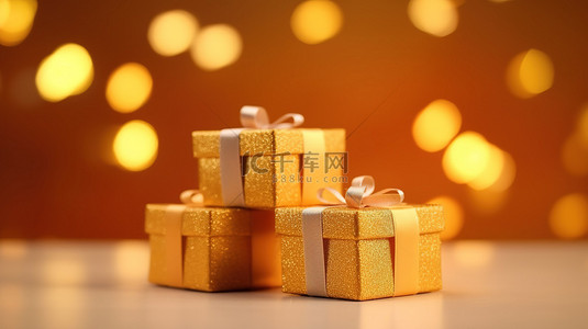 圣诞礼品盒套装，由黄色 3D 散景背景照明，呈现极简主义概念，有选择的焦点