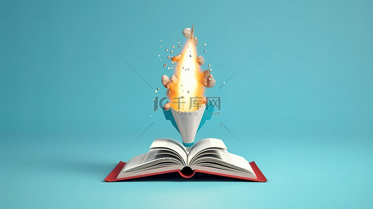 书创意背景图片_探索创意想法火箭从书中发射，蓝色背景上有烟雾痕迹，3D 插图