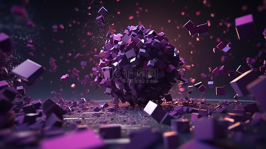 金融几何背景图片_未来派抽象 3D 插图紫色几何形状在空间中翱翔