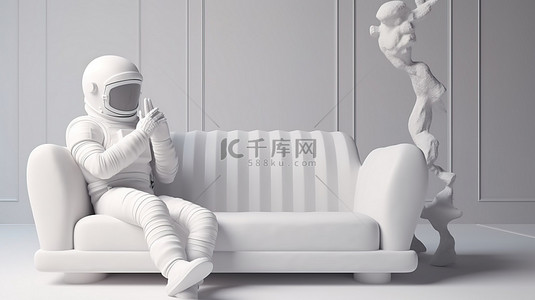 坐在沙发上拿着问号演示设计的宇航员的 3D 渲染