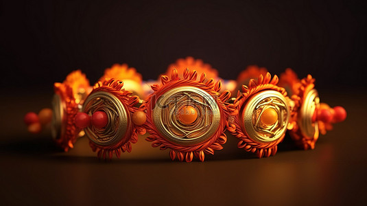 充满活力的 3D 渲染快乐的 raksha bandhan 节日令人惊叹的传统 rakhi 设计作为印度庆祝活动的背景