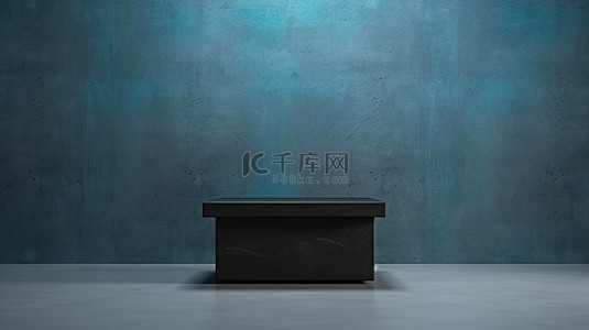 黑色讲台的 3D 渲染，以蓝色混凝土墙为背景，作为理想的演示背景