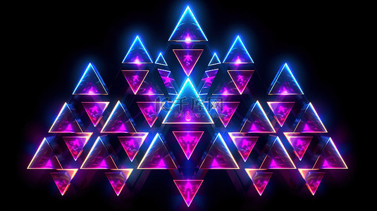 明亮的粉色和蓝色照明的对称三角形黑色背景下的动态 3D 插图