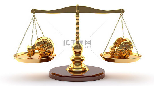 一个简单的平衡秤的三维渲染，带有金色的美元符号和白色背景上的大脑