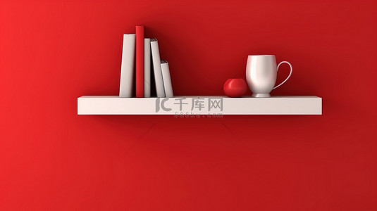 红色办公背景图片_红色墙架的 3D 插图，在水平位置显示数字平板电脑