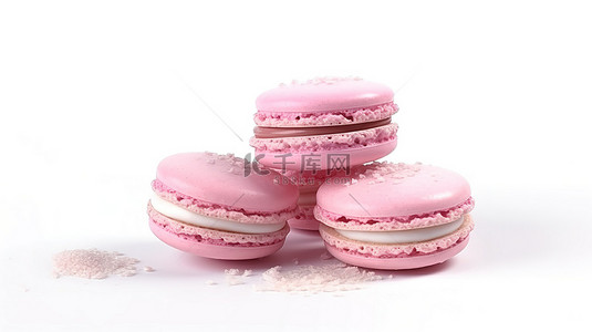 白色背景与粉红色蛋白杏仁饼干的逼真 3D 渲染