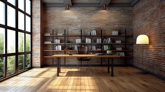 砖墙和木地板家庭办公空间的 3D 渲染