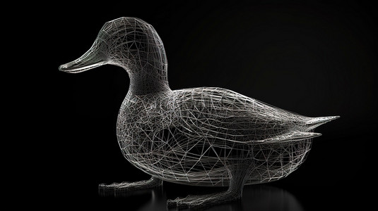 通过 3D 线框渲染展示的黑色孤立多边形鸭子