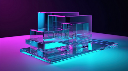 透明玻璃球背景图片_霓虹紫和绿松石重叠透明亚克力板的生动 3D 工作室渲染