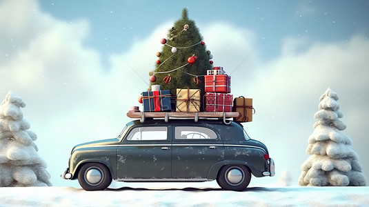 屋顶安装的圣诞树，并以 3D 渲染形式呈现节日旅行概念