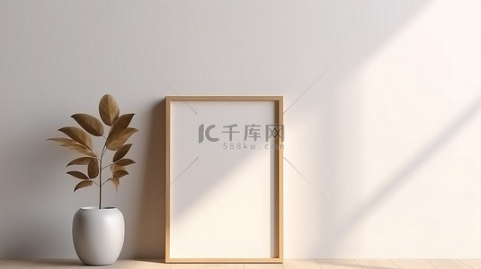 叶影背景图片_白墙背景，空白木框模型上有阳光铸件和叶影 3d 渲染