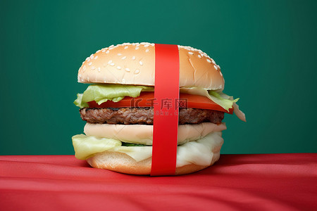 汉堡背景图片_汉堡被红条切成两半