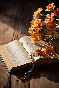 的秋天背景图片_木桌上放着一本打开的诗集，里面有鲜花
