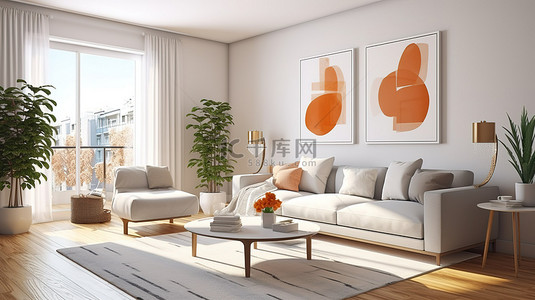 现代明亮的公寓客厅 3D 渲染插图