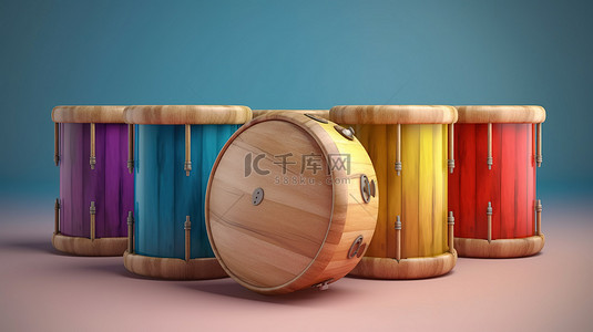 带有 3d 渲染木鼓和音符的独立彩色背景