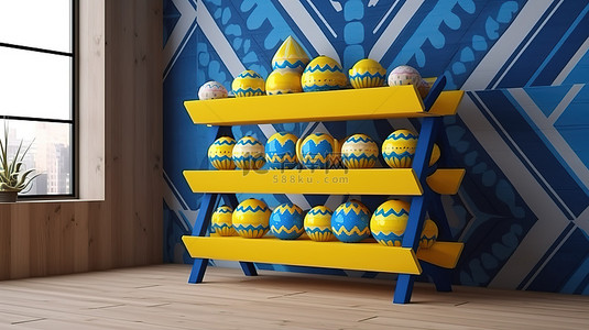 乌克兰风格的产品展示架的 3D 渲染，采用鲜艳的黄色和蓝色