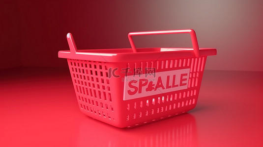 塑料购物篮的 3D 渲染，带有“大甩卖”字样，里面什么也没有