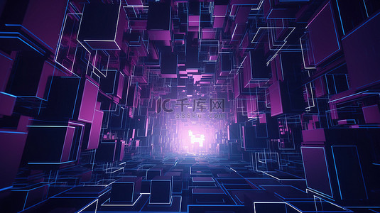 蓝色介绍背景图片_赛博朋克概念科幻插图几何背景在 3d 渲染的紫色和蓝色阴影中