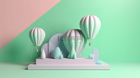 云热气球背景图片_商业设计充满活力的薄荷绿色产品展台与彩虹云热气球和星星