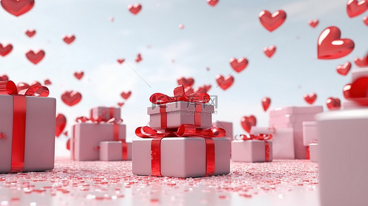情人节礼品盒和心形气球布置在 3D 渲染的假日背景上