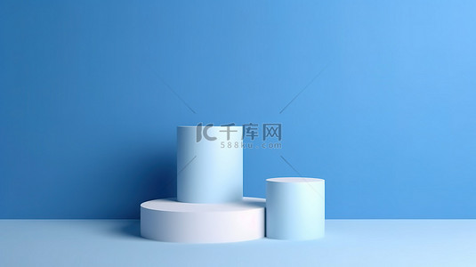 简约的蓝色圆柱讲台是一个现代工作室展示架，用于蓝色背景上的产品 3D 渲染