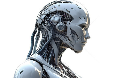 3D 渲染中女性机器人或机器人的侧视图
