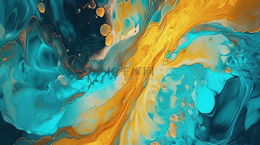 创意金色图形背景图片_绿松石大理石丙烯酸流体纹理的华丽 3D 插图，带有耀眼的金色飞溅