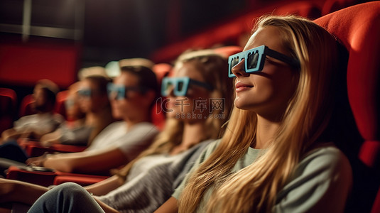 戴 3D 眼镜的少女与朋友一起看电影放松