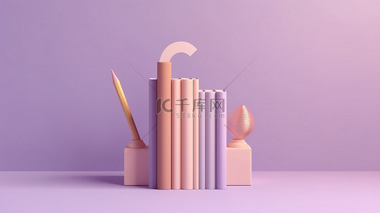 铅笔橡皮擦背景图片_探索想法 3D 渲染铅笔和问号在柔和的紫色墙上与打开的书简约场景象征着教育好奇心和创造力