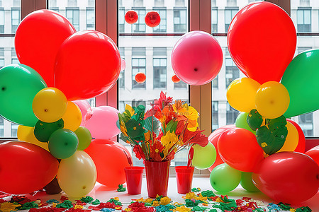 信念和行动背景图片_彩色气球彩带和餐桌装饰
